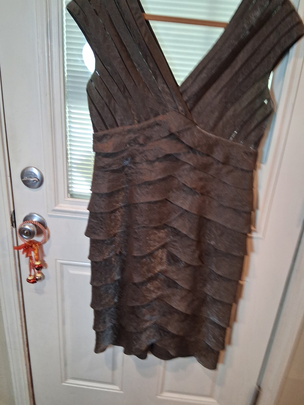 sku 323 Adrianna Papell Taupe Tiered V-Neck Mini Dress Cocktail Dress Size 12